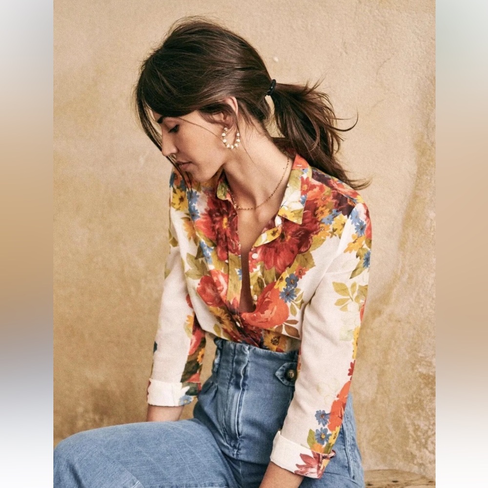 Sezane Orange and White Fitted Button Down Shirt